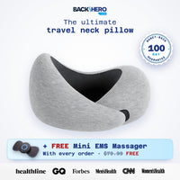 Back Hero USA memory foam travel neck pillow in gray with a free Mini EMS Massager