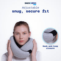 Woman wearing the travel pillow with a close-up of the hook-and-loop closure