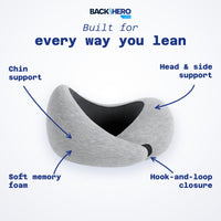 Gray travel pillow with labels: chin support, head and side support, soft memory foam, hook-and-loop closure