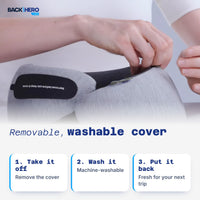 Taking the removable, machine-washable cover off the travel pillow