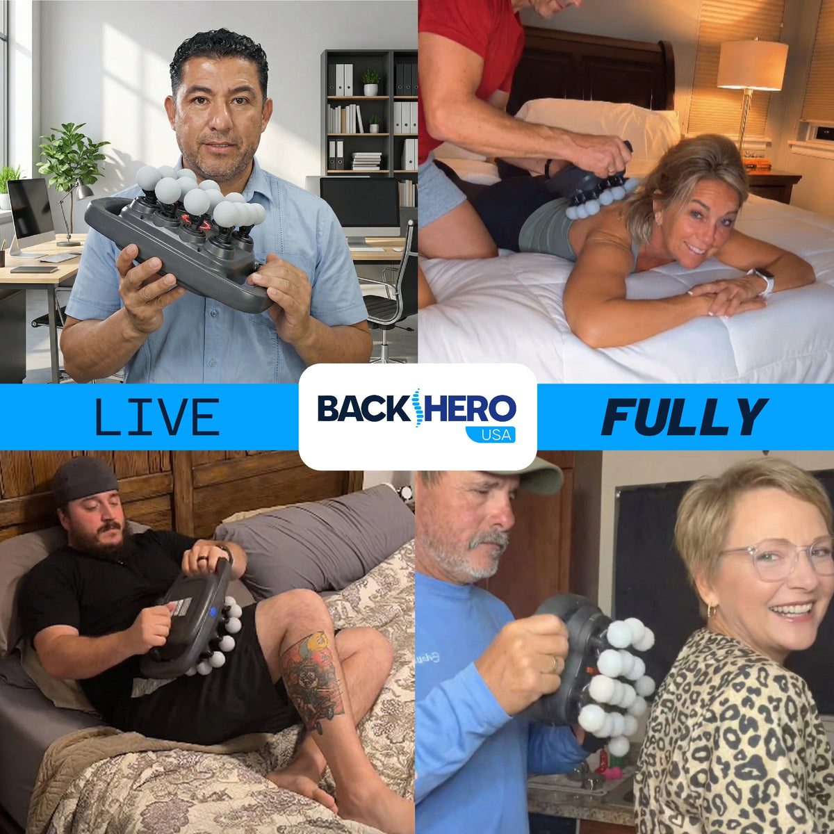 Four customers using the 16-Head Massage Gun at home