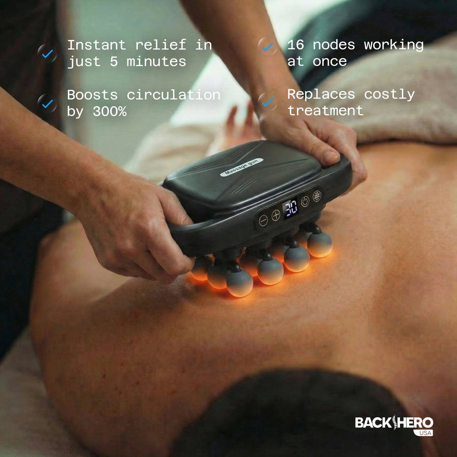 16-head massage gun on a back