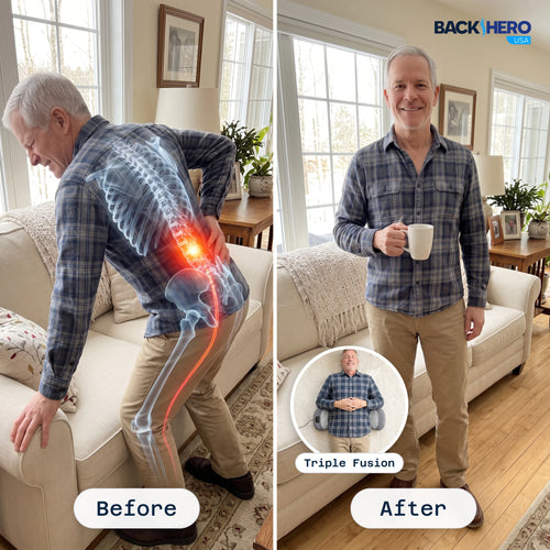 Before and after: lower back pain vs standing tall, Triple Fusion Massager under the lower back