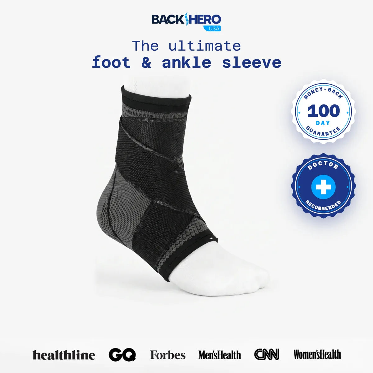 Back Hero USA Foot Sleeve with its 100-day money-back guarantee badge