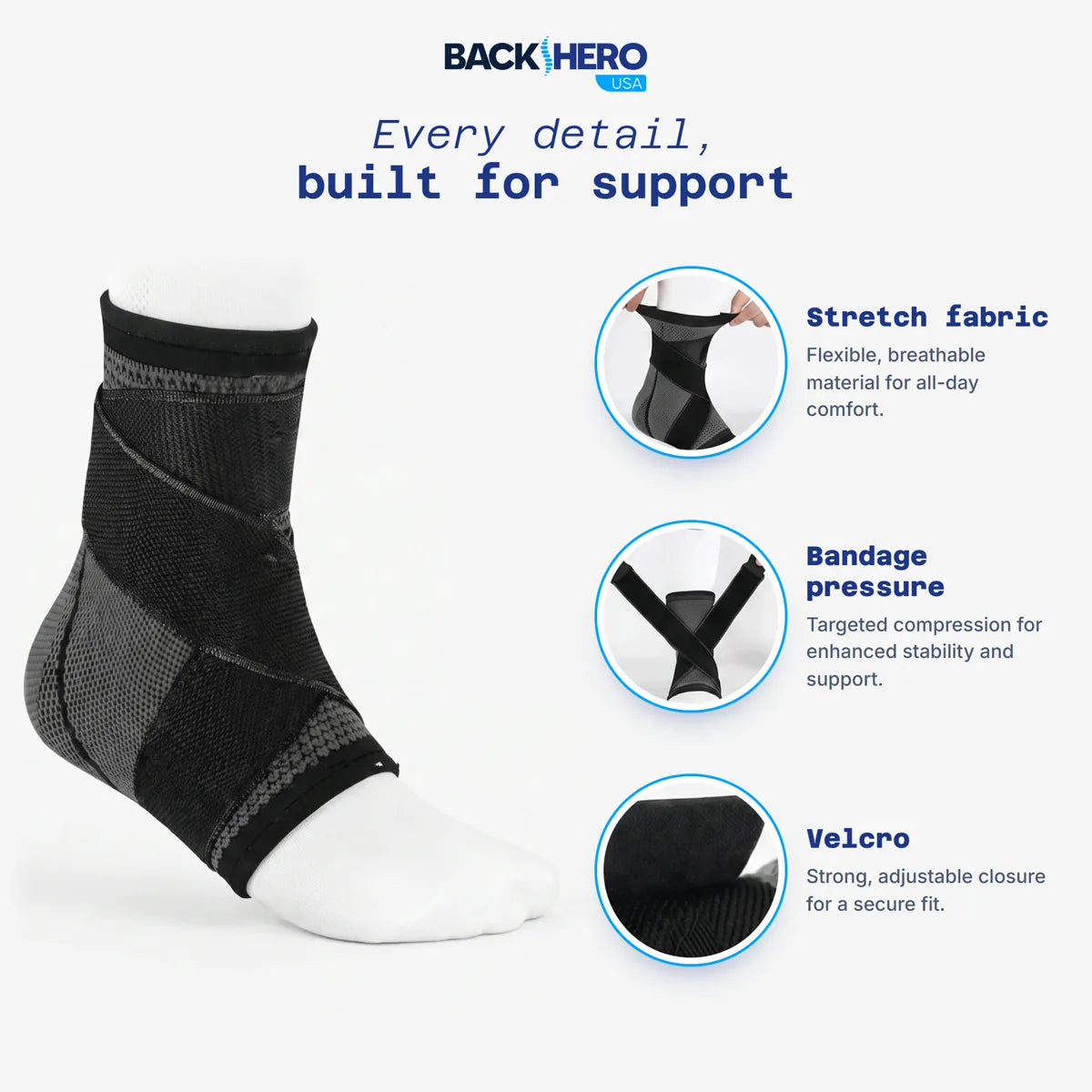 Stretch fabric, bandage-style crossing straps and velcro closure