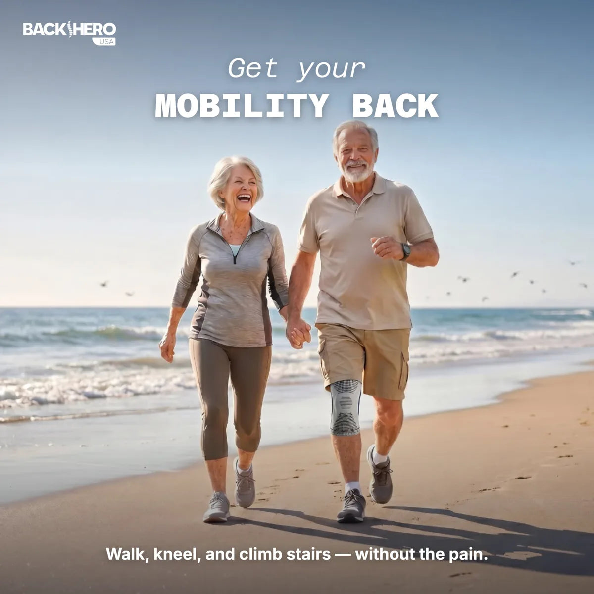 Couple walking on the beach: walk, kneel and climb stairs without the pain