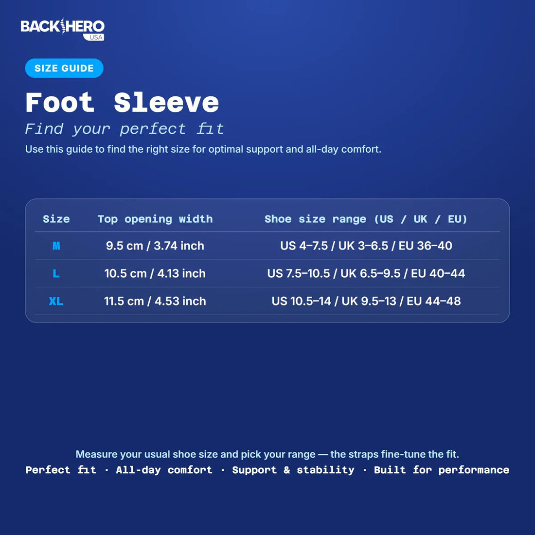 Foot Sleeve size guide: top opening width and shoe size for M, L and XL