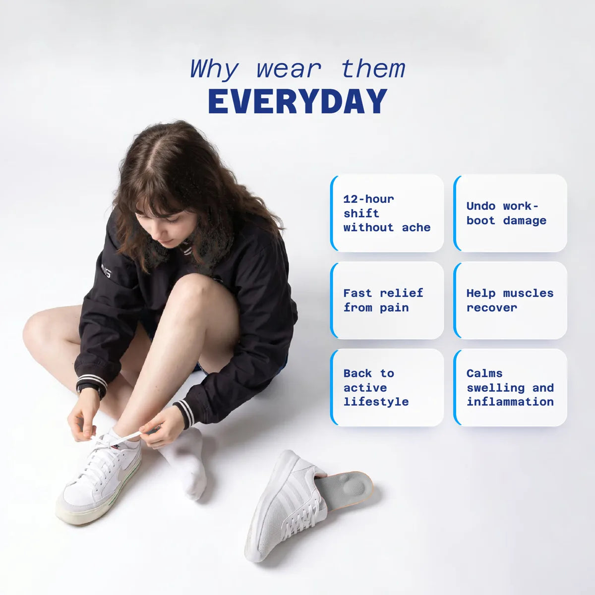 Woman lacing her sneakers with the Cloud Massage Insoles next to her