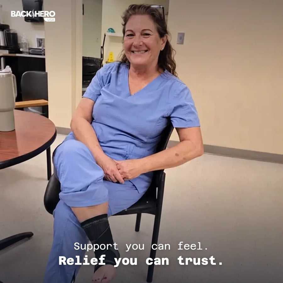 Woman in scrubs wearing the Foot Sleeve on a break