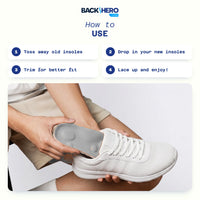 How to use the massage insoles: remove old insoles, drop in the new ones, trim to fit and lace up