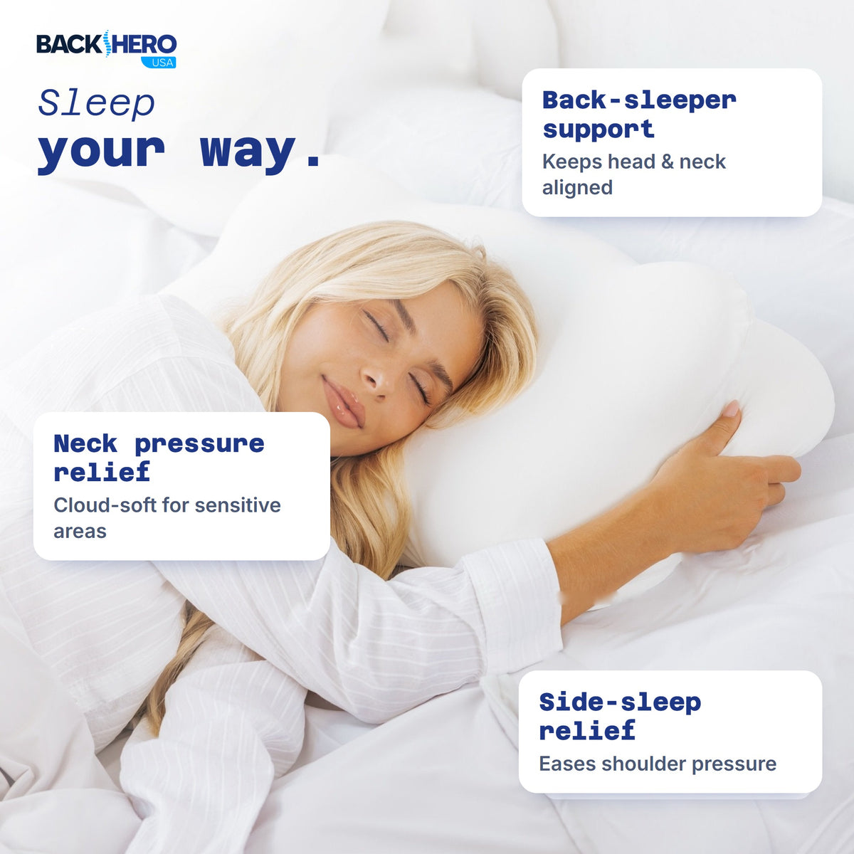 Woman sleeping on the 6-zone ergonomic pillow