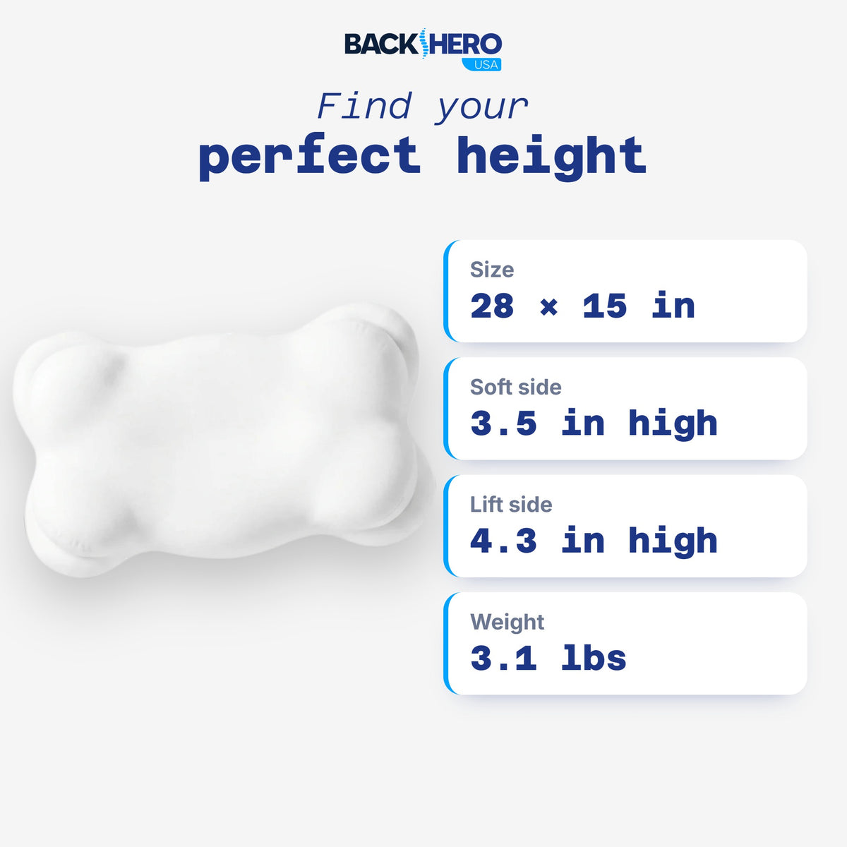 Ergonomic pillow size: 28 x 15 in, soft side 3.5 in, lift side 4.3 in, 3.1 lbs