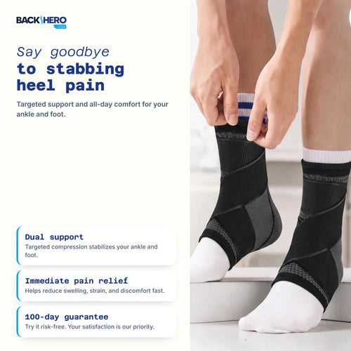 Person pulling a black plantar fasciitis foot sleeve over a white sock – say goodbye to stabbing heel pain