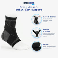 Foot compression sleeve details: stretch fabric, crossing bandage straps for arch pressure and velcro closure