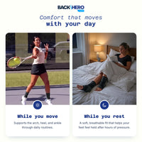 Plantar fasciitis sleeve worn while playing tennis and while resting in bed – comfort that moves with your day