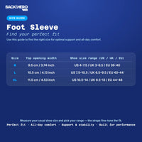 Foot Sleeve size chart: M, L and XL by top opening width and US, UK and EU shoe size