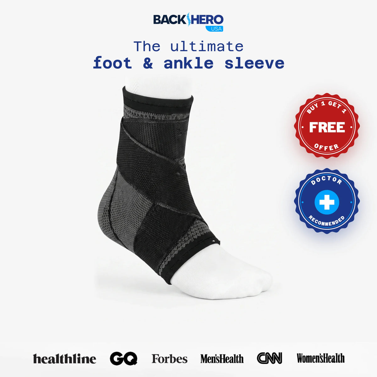 Back Hero USA Foot Sleeve, a black foot and ankle compression sleeve for plantar fasciitis, with Buy 1 Get 1 Free and Doctor Recommended seals