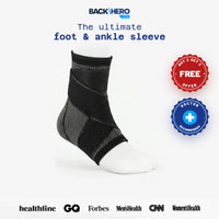 Back Hero USA Foot Sleeve, a black foot and ankle compression sleeve for plantar fasciitis, with Buy 1 Get 1 Free and Doctor Recommended seals
