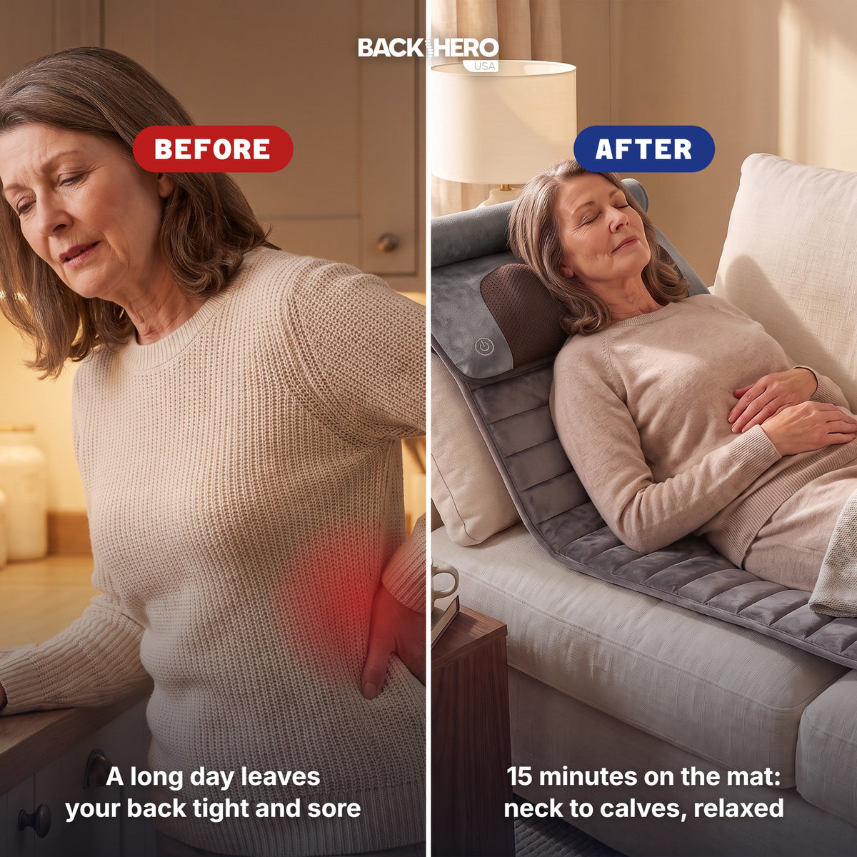 Before: a woman with a sore lower back after a long day. After: relaxing on the massage mat on her sofa