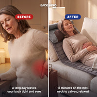 Before: a woman with a sore lower back. After: relaxing on the massage mat on her sofa