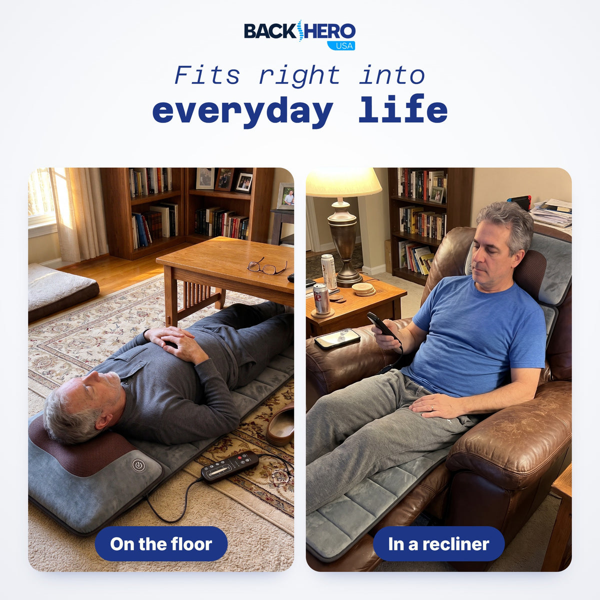 The massage mat on a living-room floor and in a recliner
