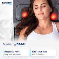 Woman relaxing with soothing heat under her neck: optional heat, auto shut-off after 15 minutes