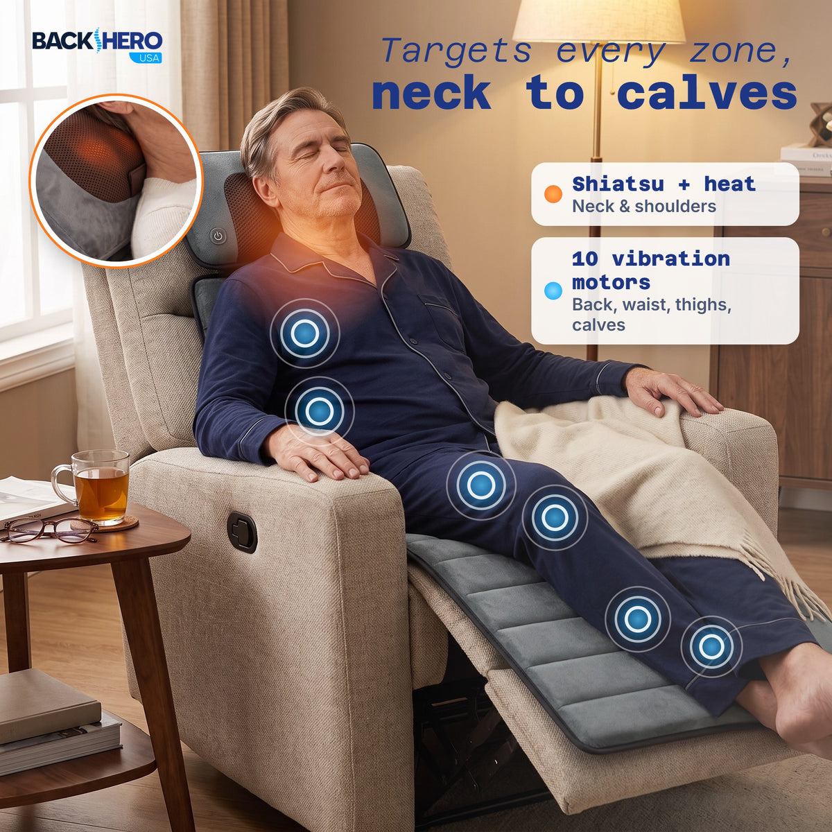 Massage mat zones: shiatsu and heat at the neck, 10 vibration motors from back to calves