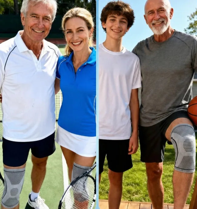 People on the tennis court and at home wearing the Limitless Knee Pro