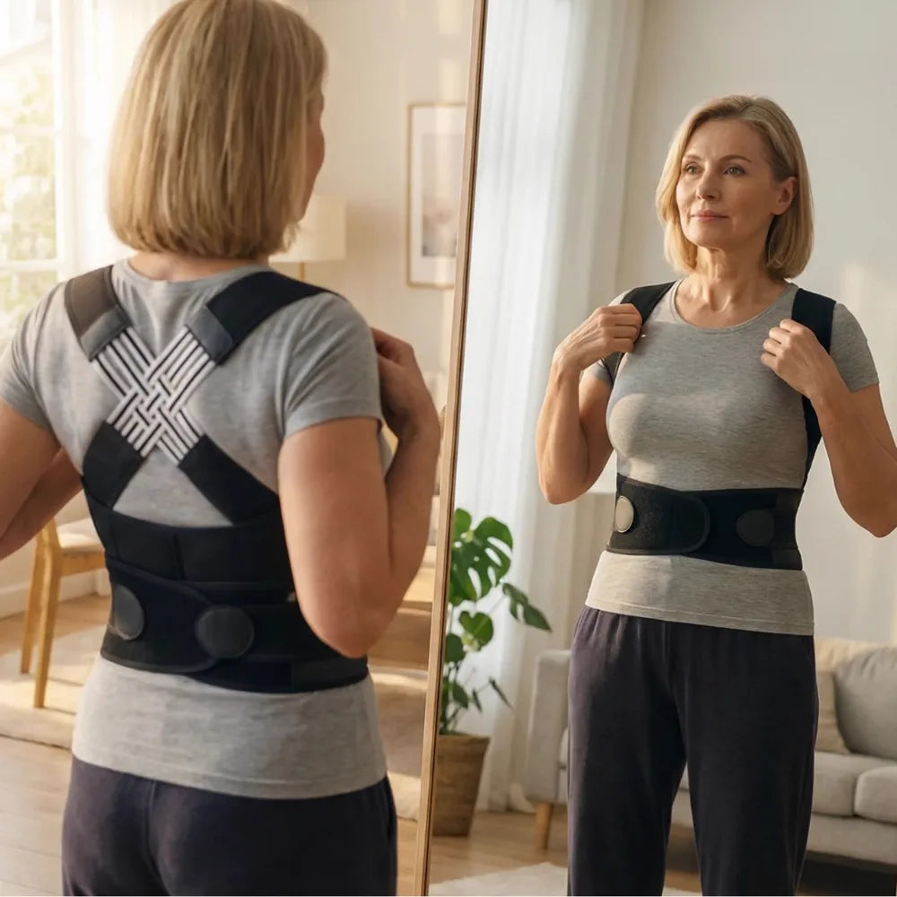 Woman checking her posture in the mirror while wearing the Back Hero USA Posture Corrector