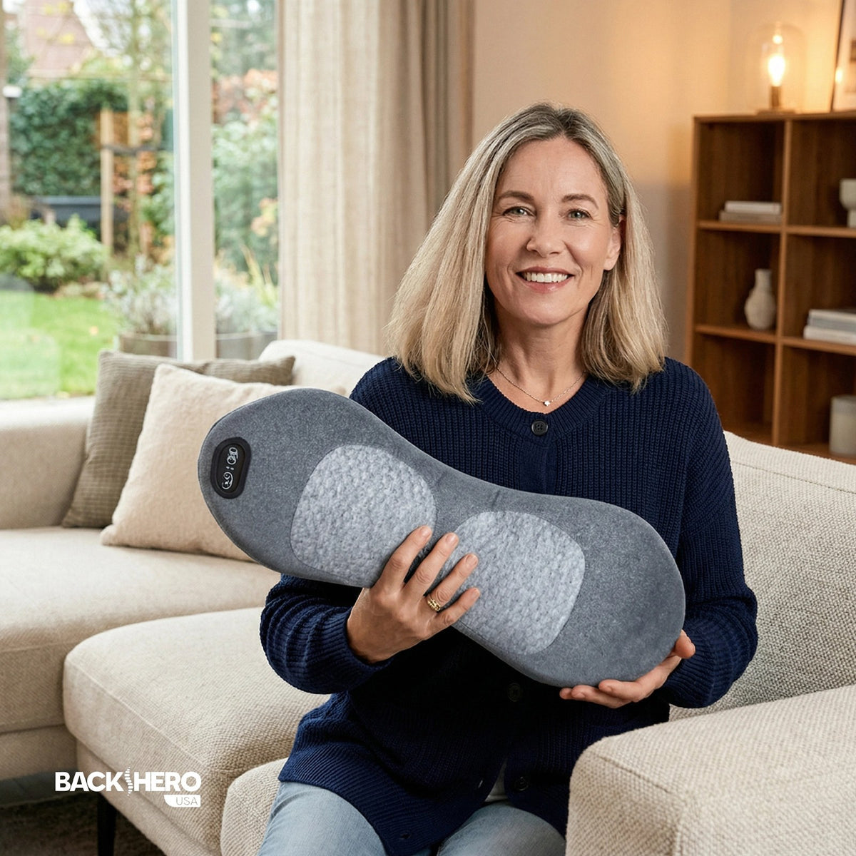 Woman on her sofa holding the Back Hero Triple Fusion Massager