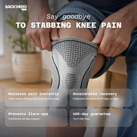 Man wearing a gray knee compression sleeve – say goodbye to stabbing knee pain