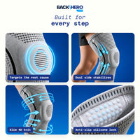 Knee brace features: targets the root cause, dual side stabilizers, slim 4D knit and anti-slip silicone lock