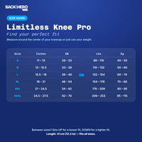 Limitless Knee Pro size chart S to 3XL by kneecap circumference in inches and cm, or body weight