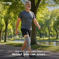 Older man walking in a sunny park wearing a gray knee compression sleeve – relief you can trust
