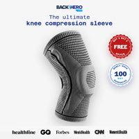 Back Hero USA Limitless Knee Pro, a gray knee compression sleeve with side stabilizers, with Buy 1 Get 1 Free and 100-day money-back guarantee seals