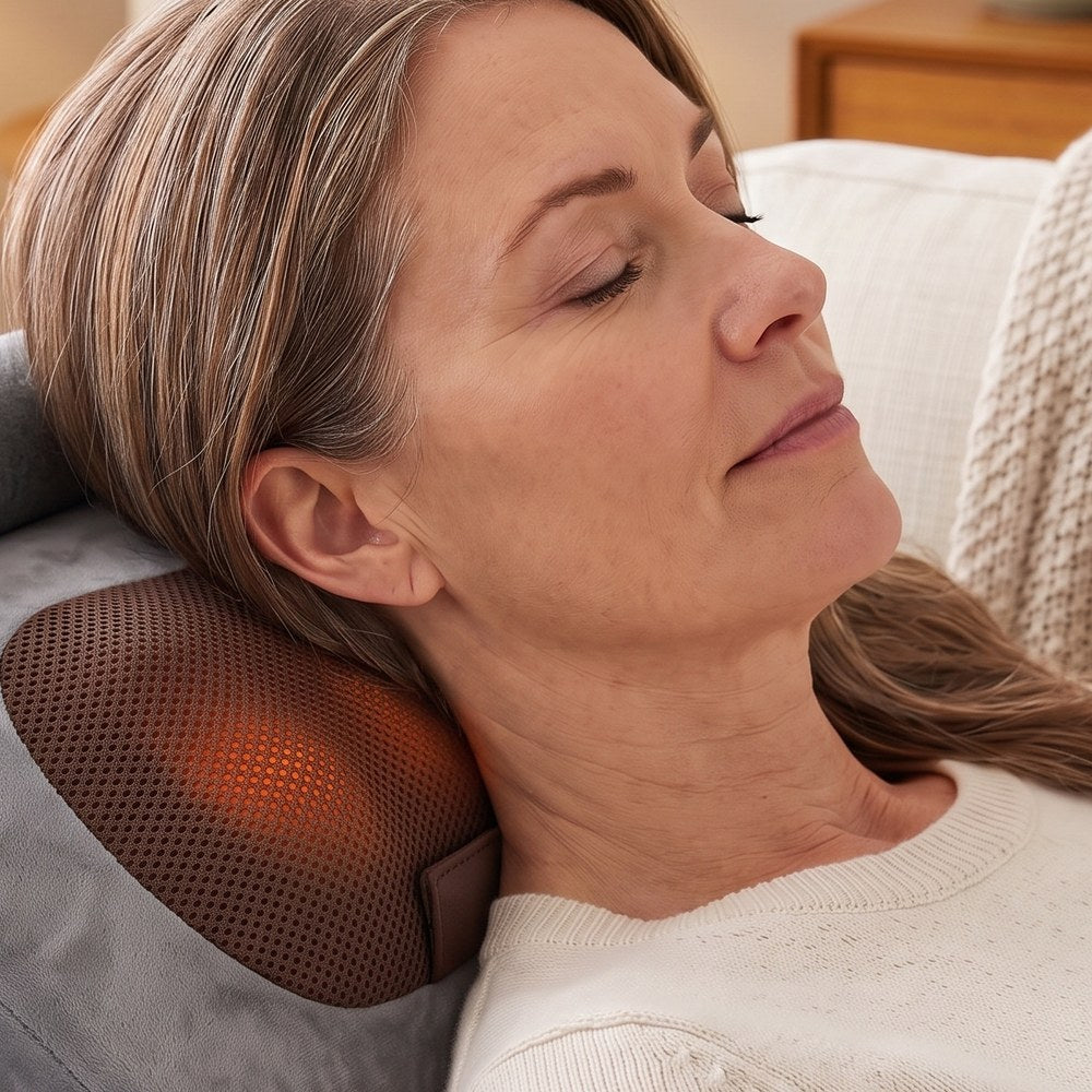 Woman relaxing on the heated shiatsu pillow