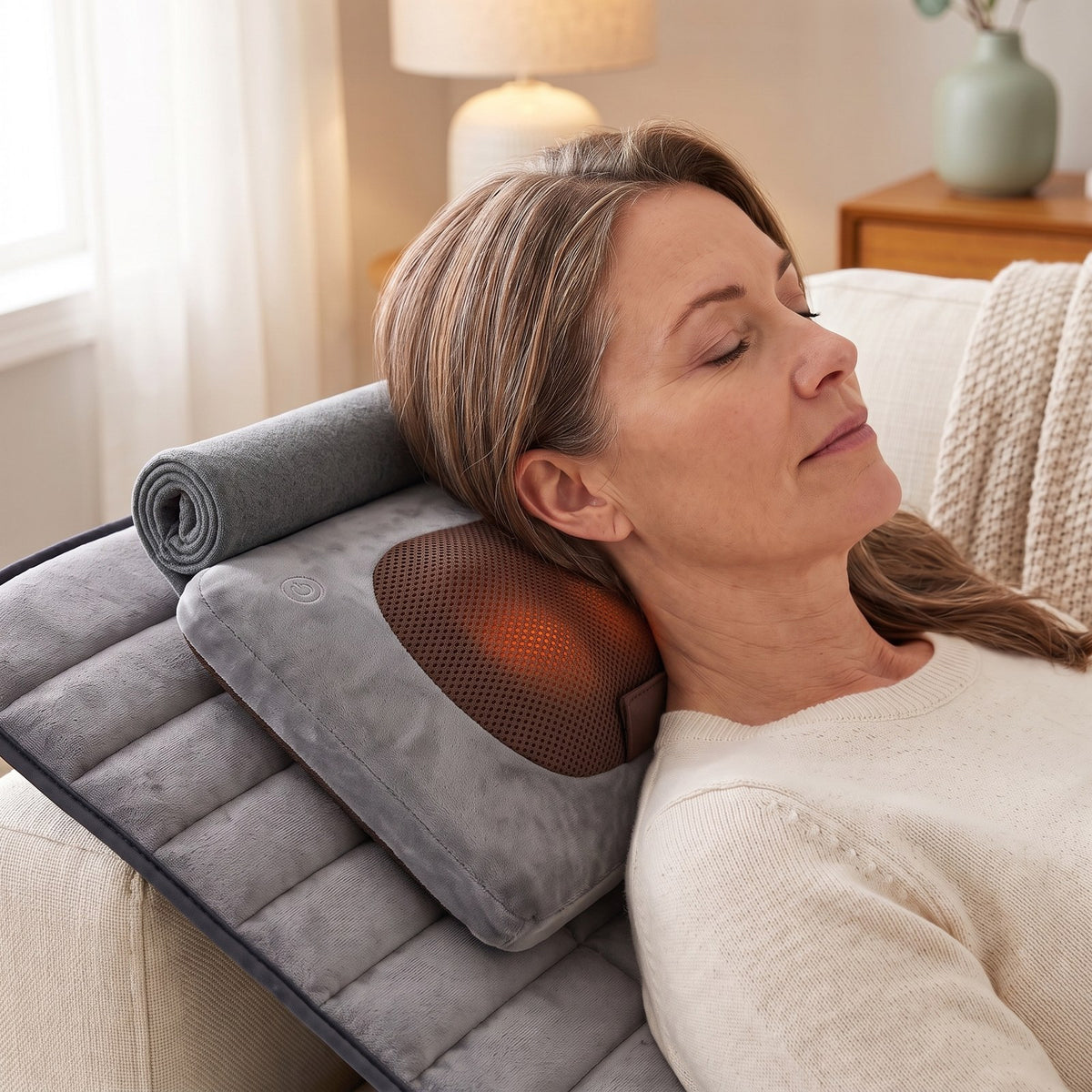 Detachable shiatsu pillow with gentle heat under a woman’s neck