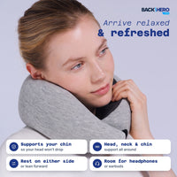 Woman resting her cheek on the travel pillow: supports your chin, head and neck, rest on either side, room for headphones