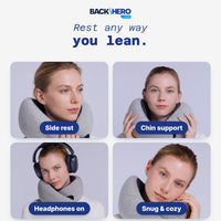 Four ways to rest on the travel pillow: side rest, chin support, headphones on, snug and cozy