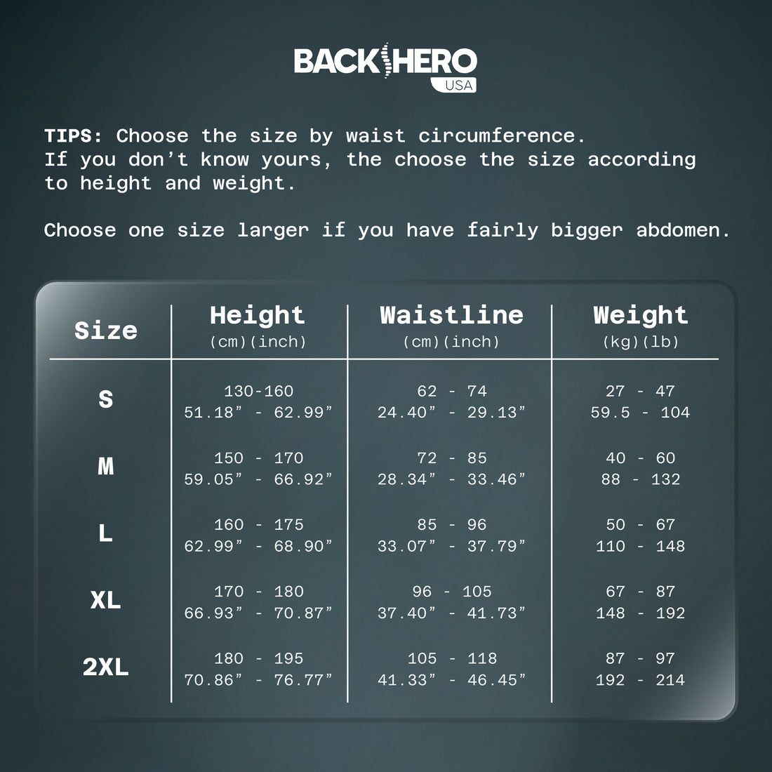 Posture corrector size chart: S, M, L, XL and 2XL by height, waistline and weight