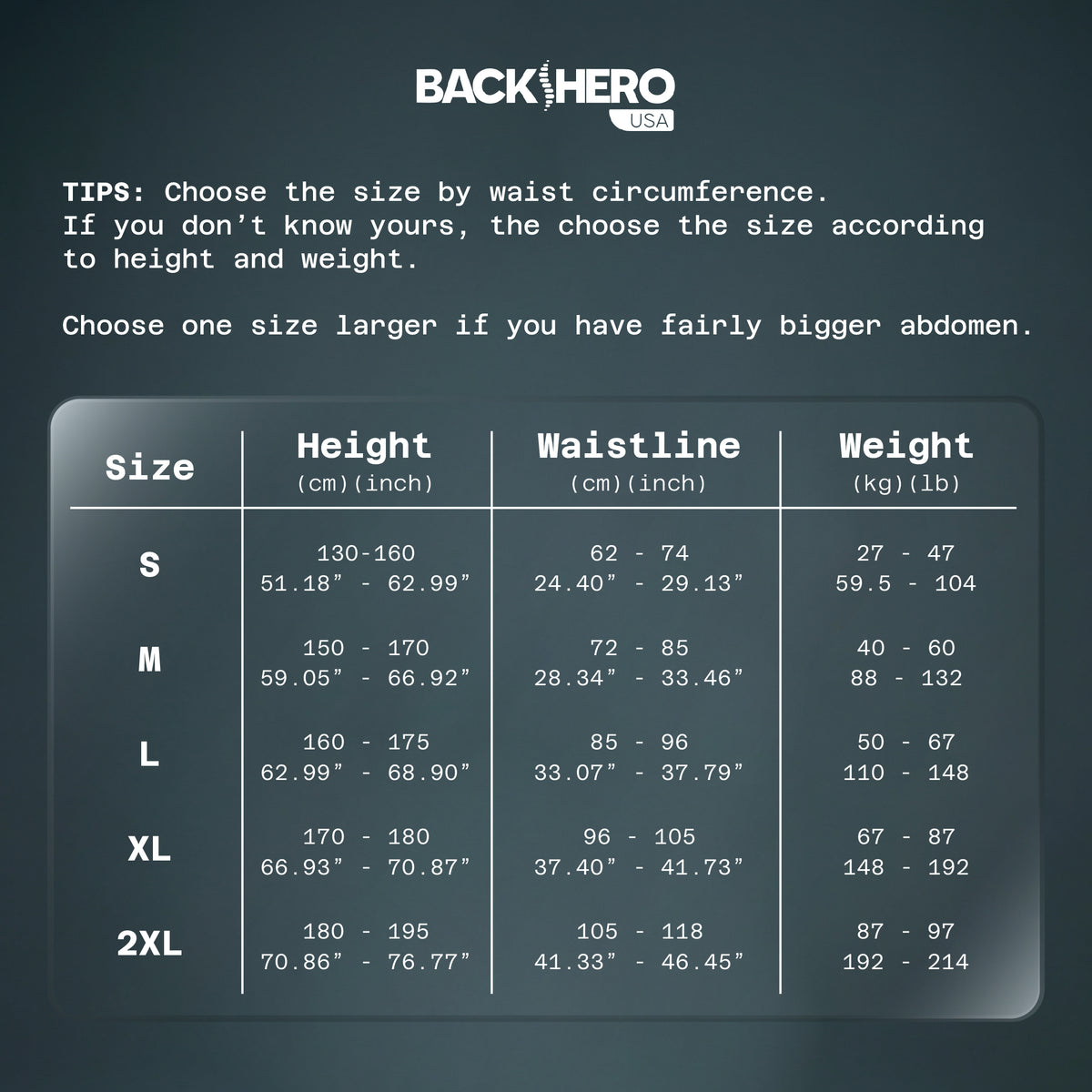 Posture corrector size chart