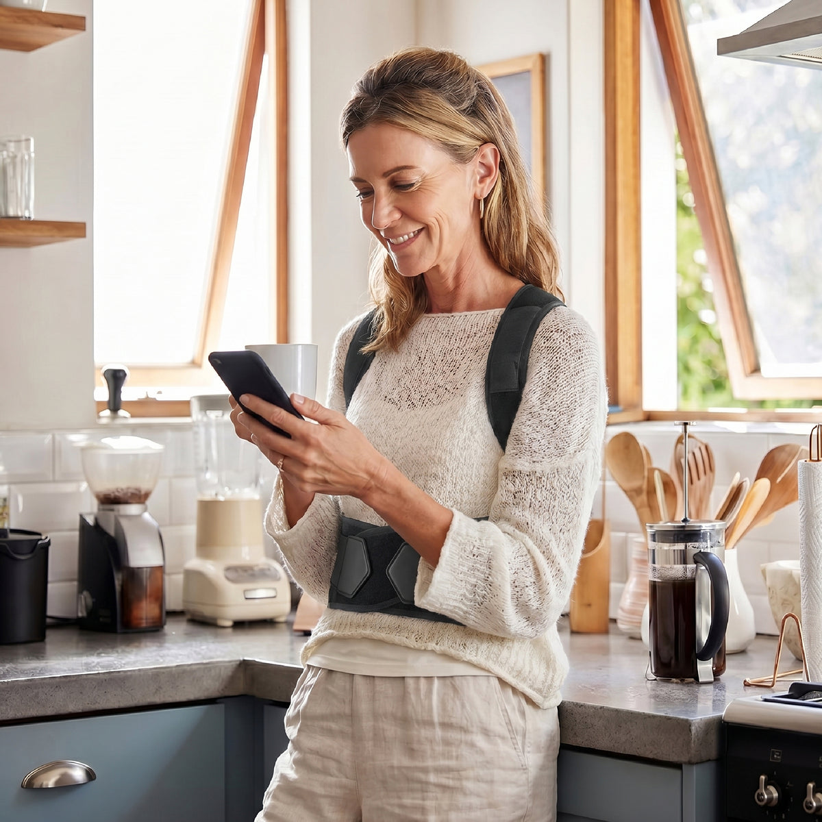 Woman in her kitchen wearing the Back Hero posture corrector