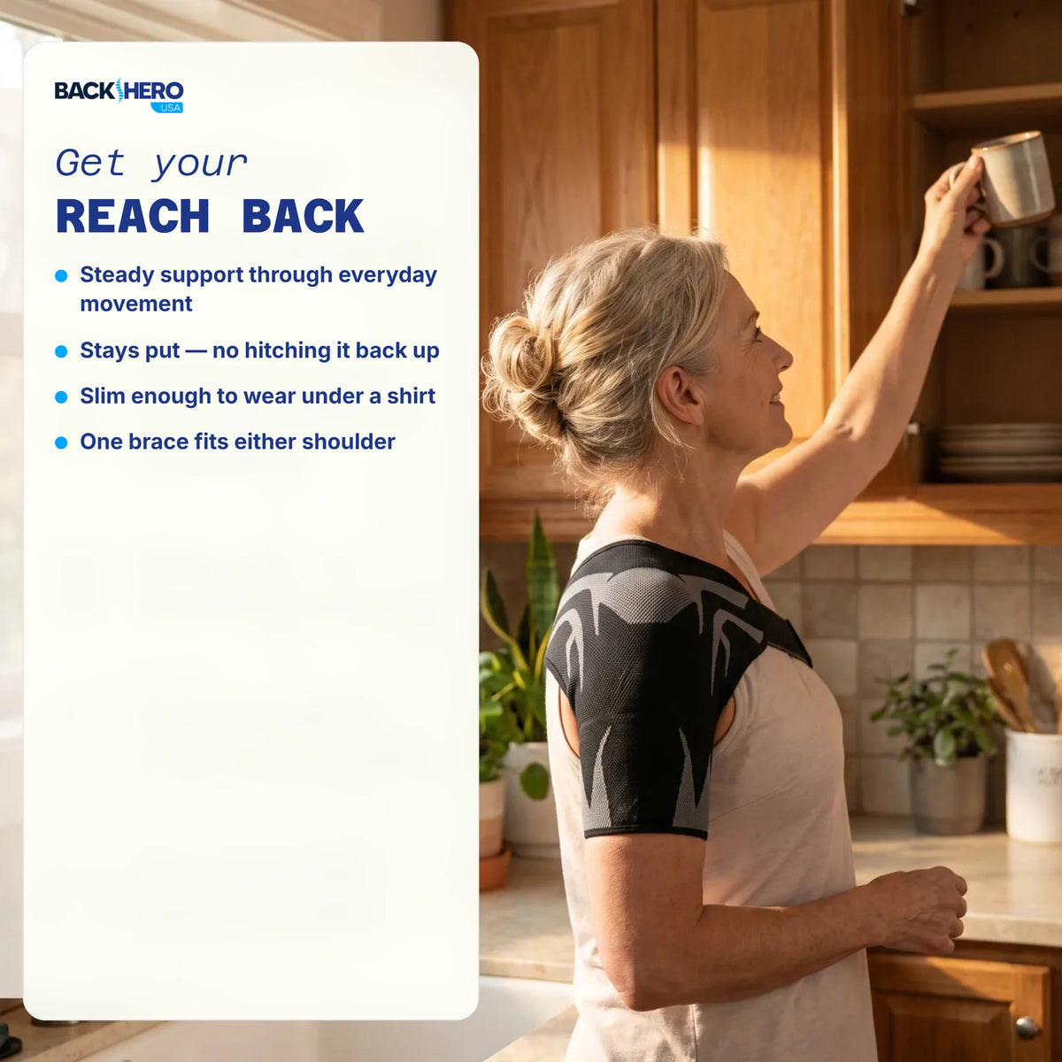Woman reaching for a mug in a kitchen cupboard while wearing a shoulder support brace – get your reach back