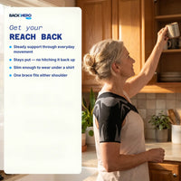 Woman reaching for a mug in a kitchen cupboard while wearing a shoulder support brace – get your reach back