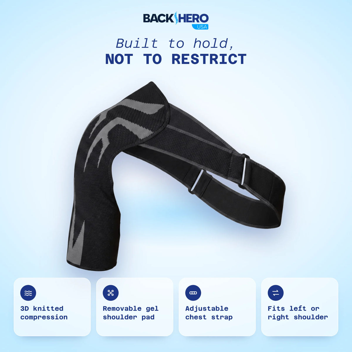 Shoulder brace features: 3D knitted compression, removable gel shoulder pad, adjustable chest strap, fits left or right shoulder