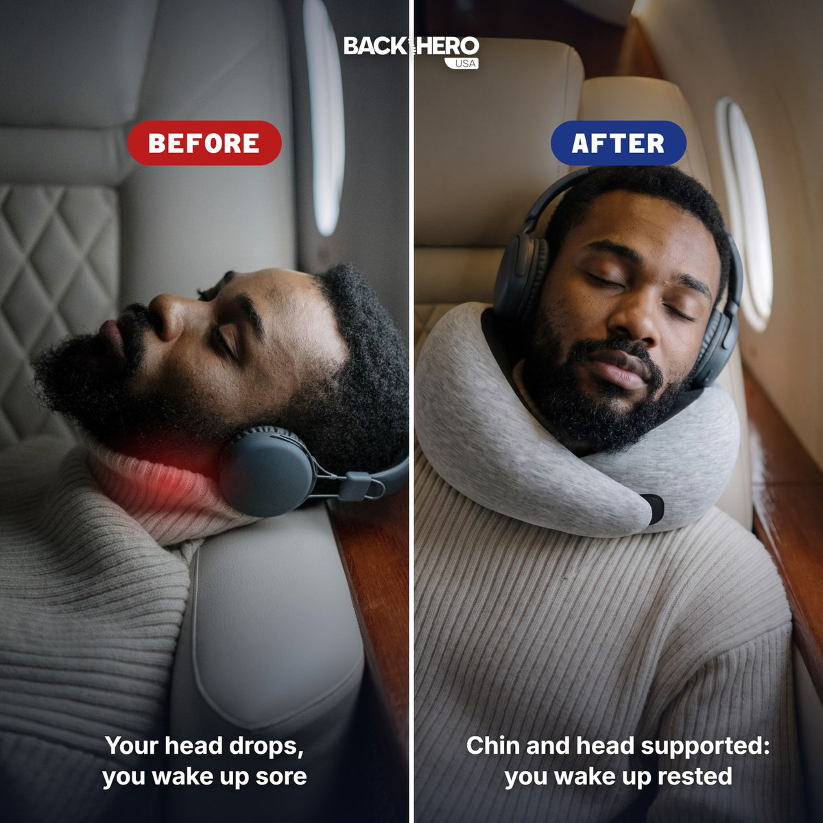 Before: a man asleep on a plane with his head dropped and a sore neck. After: the same man resting upright with the gray travel pillow